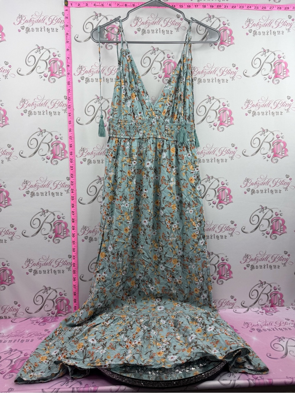 Inspired Hearts dress long tie up hassle straps Sage Green Floral Maxi Dress